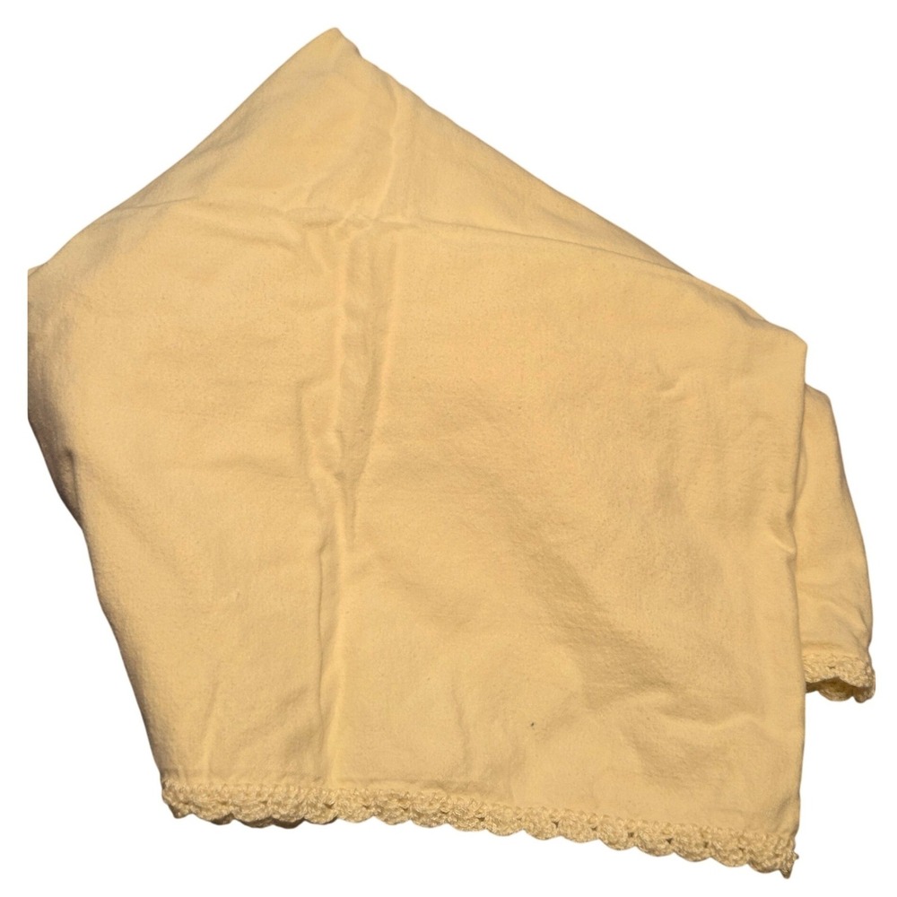 Vintage 70s Receiving Blanket Baby 44x32 Yellow Handmade Crochet Trim Retro